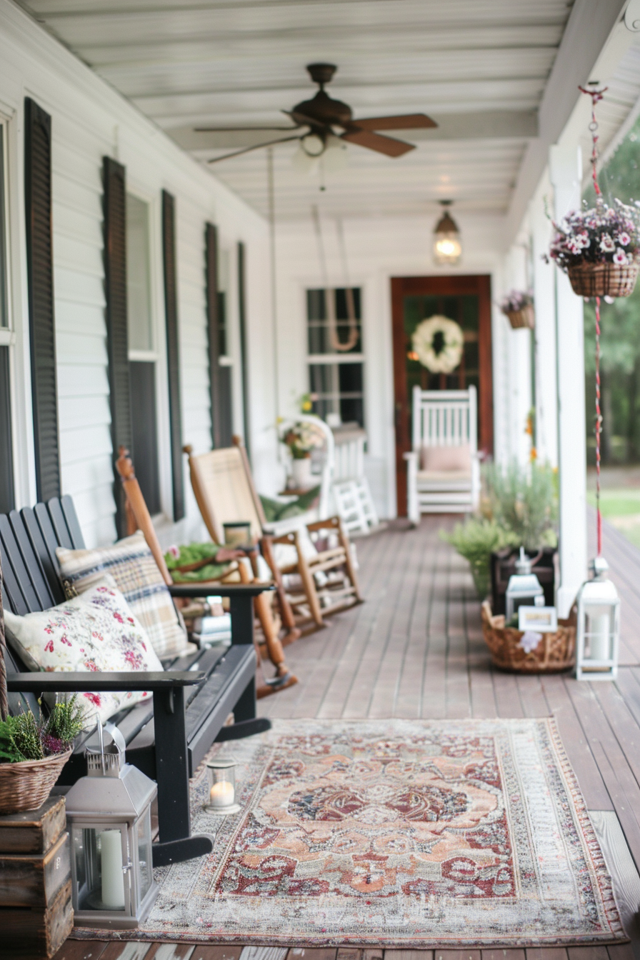 Country porch with rocking chairs, lanterns, and seasonal flowers.