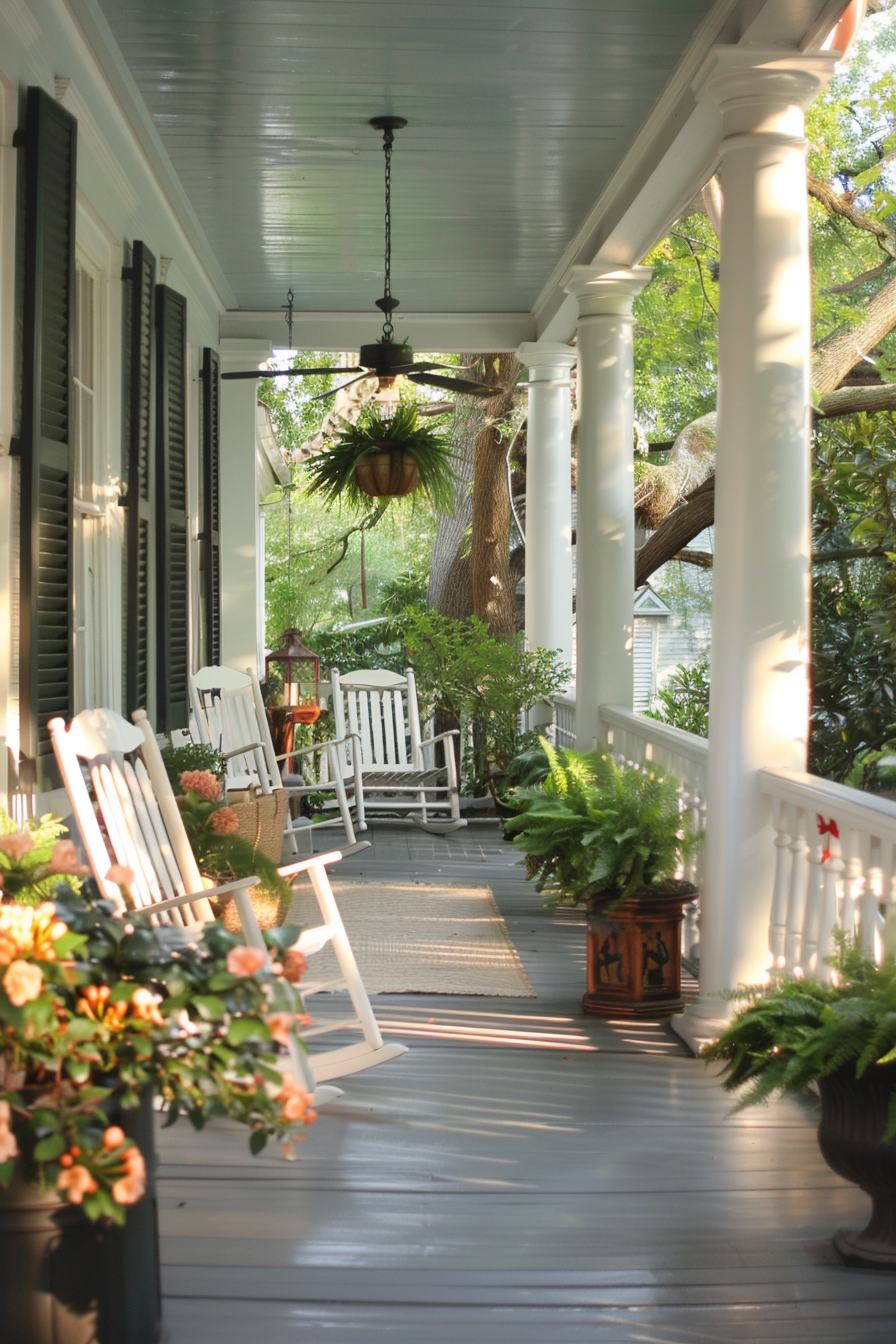 Porch with fresh paint and vibrant plants for curb appeal.
