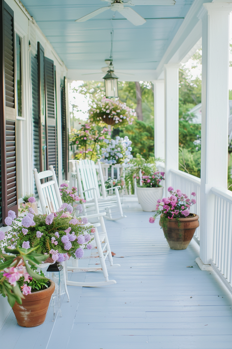 Porch with rocking chairs, potted plants, and lanterns.