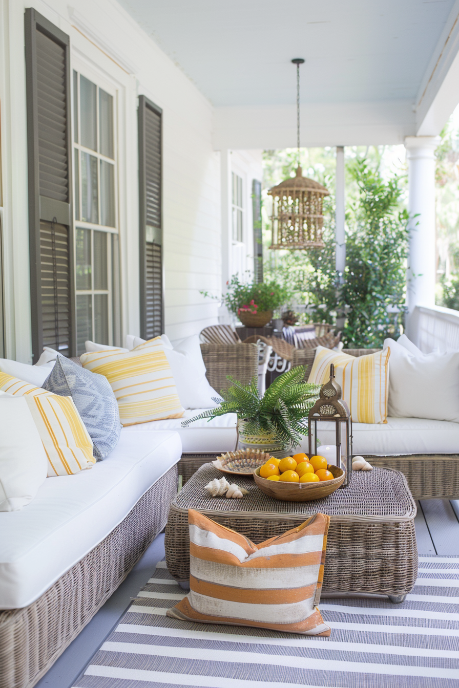 Porch with vibrant summer décor and wicker furniture.