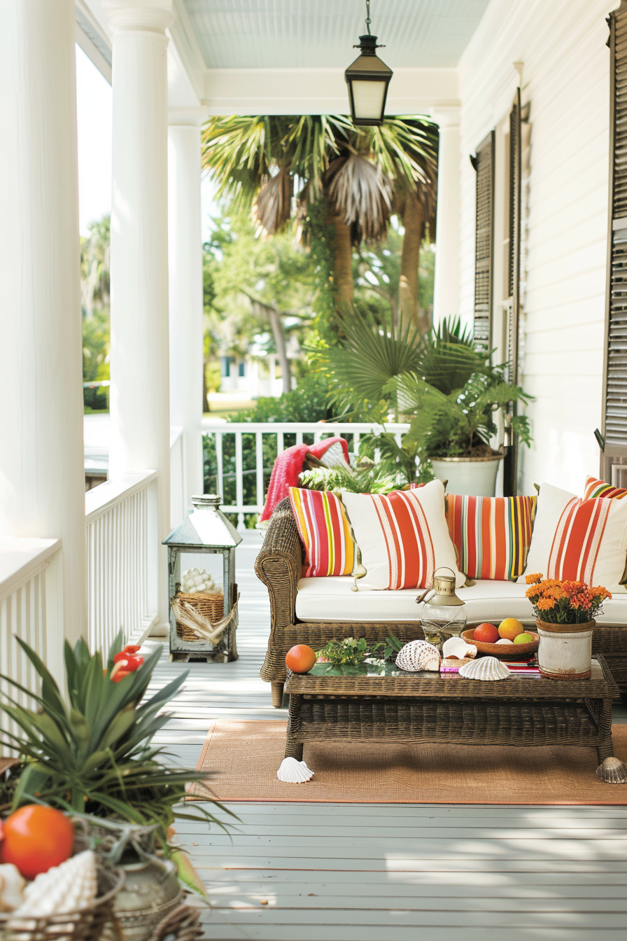 Porch with bold stripes, tropical prints, and summer decorations.