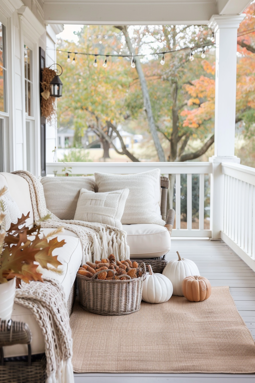 Porch with autumn colors, pumpkins, and warm lighting.