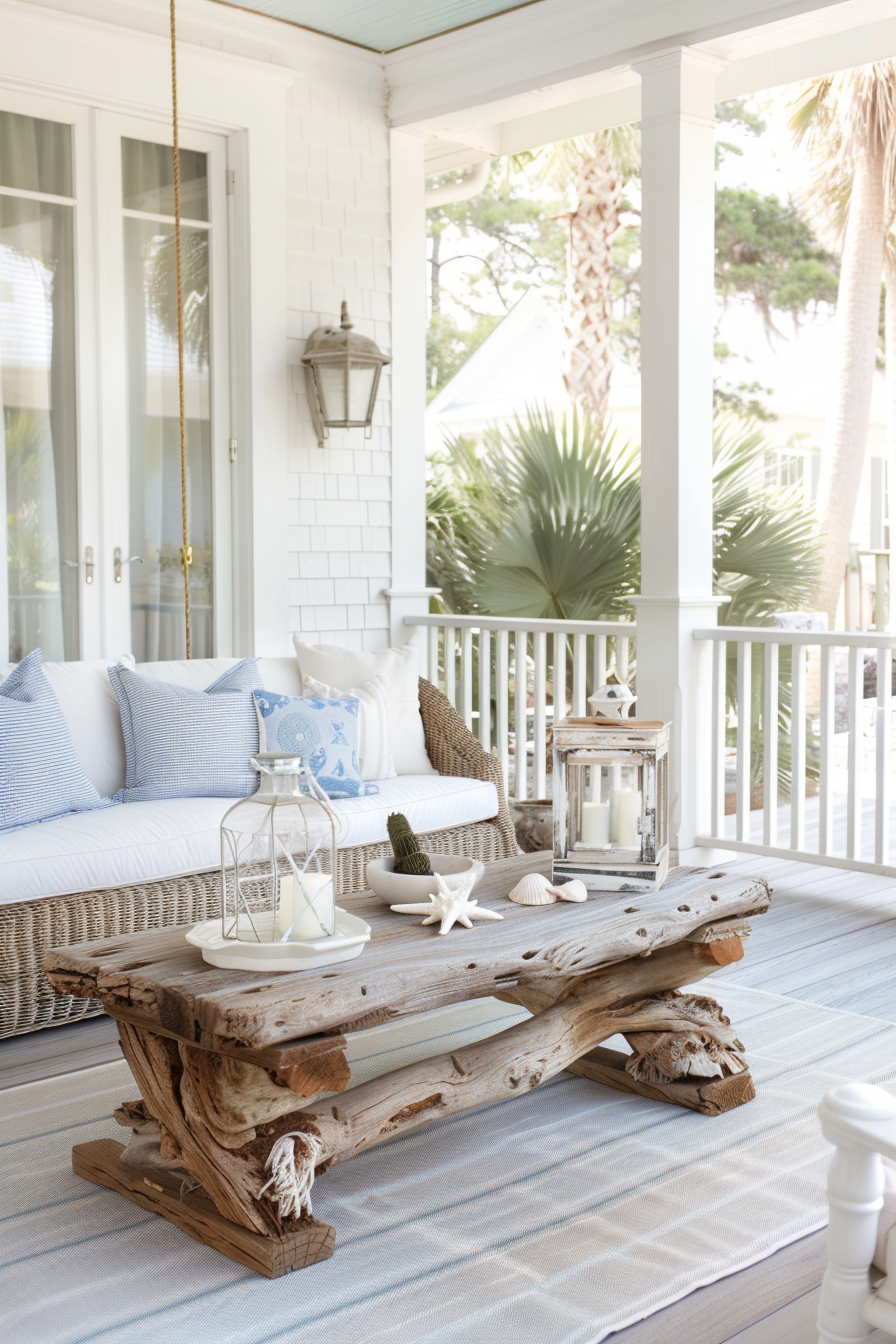 Coastal-themed porch with wicker furniture and soft blues.