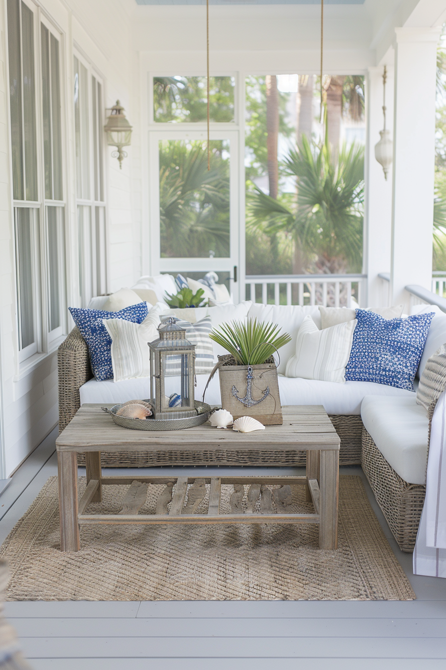 Porch with coastal décor, driftwood, and seashells.