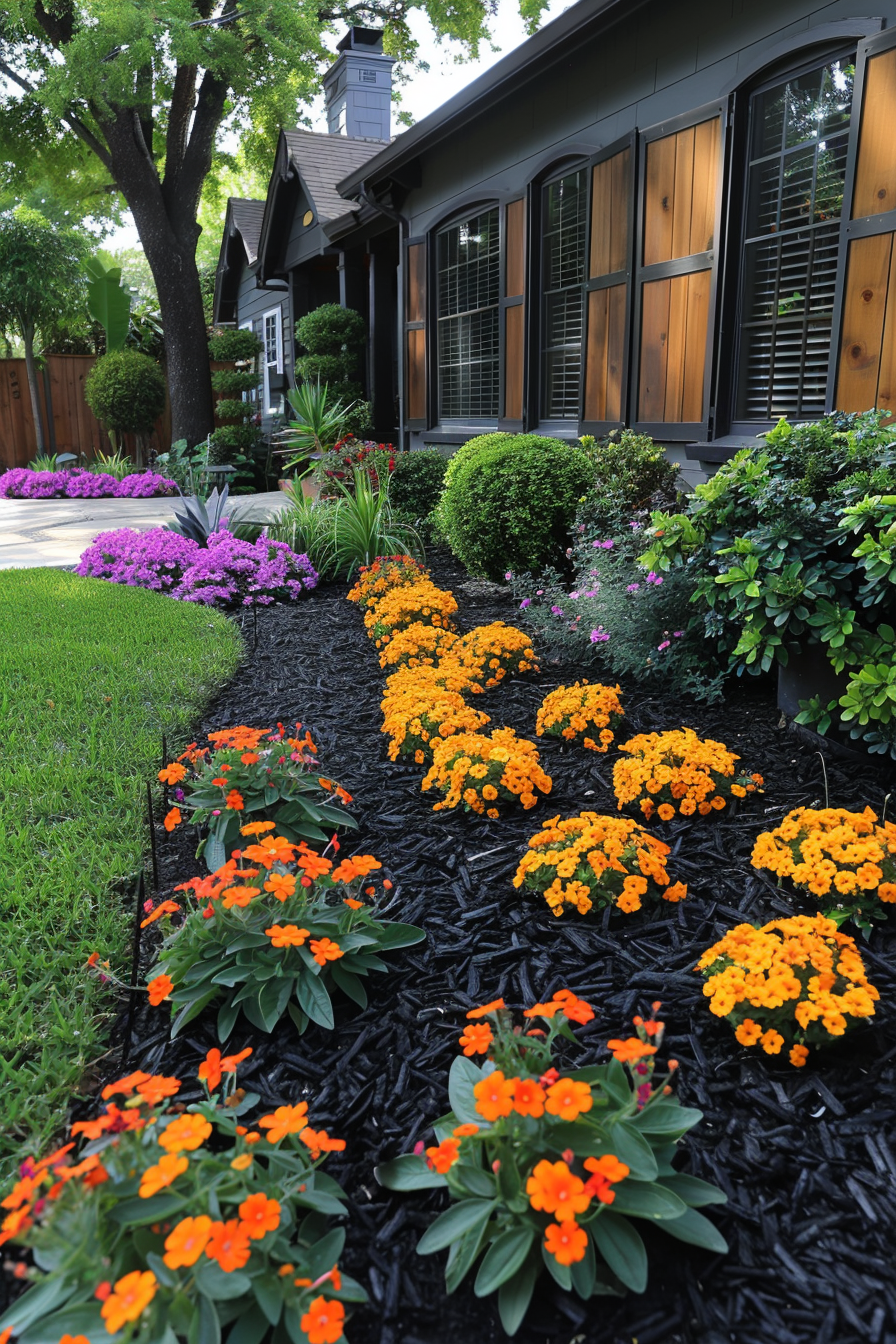 Mulch with dark bark chips around plants