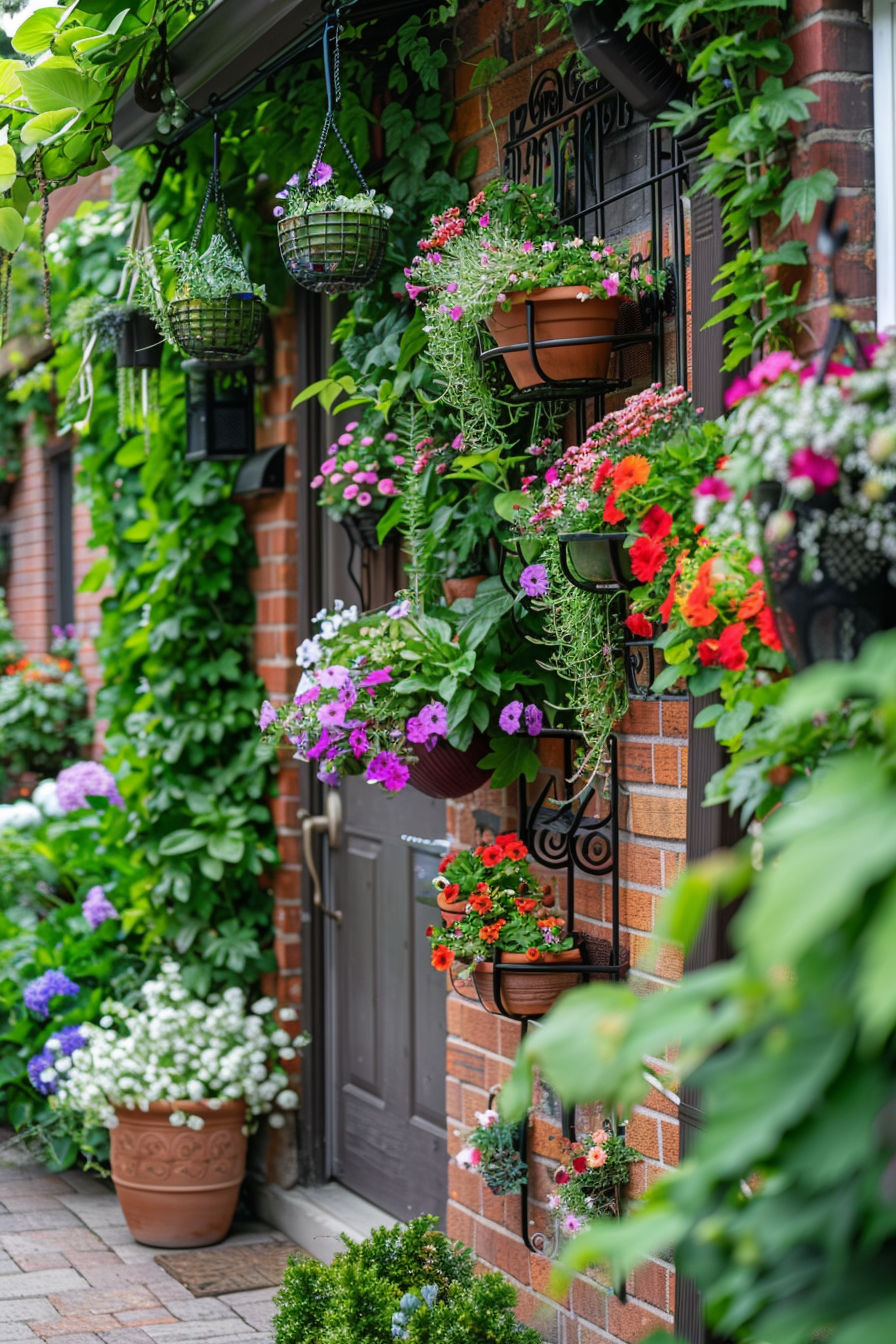 Vertical gardening with trellises and hanging pots