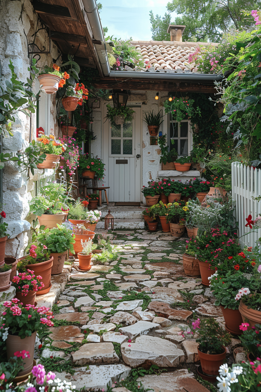 Various potted plants in terracotta and ceramic pots