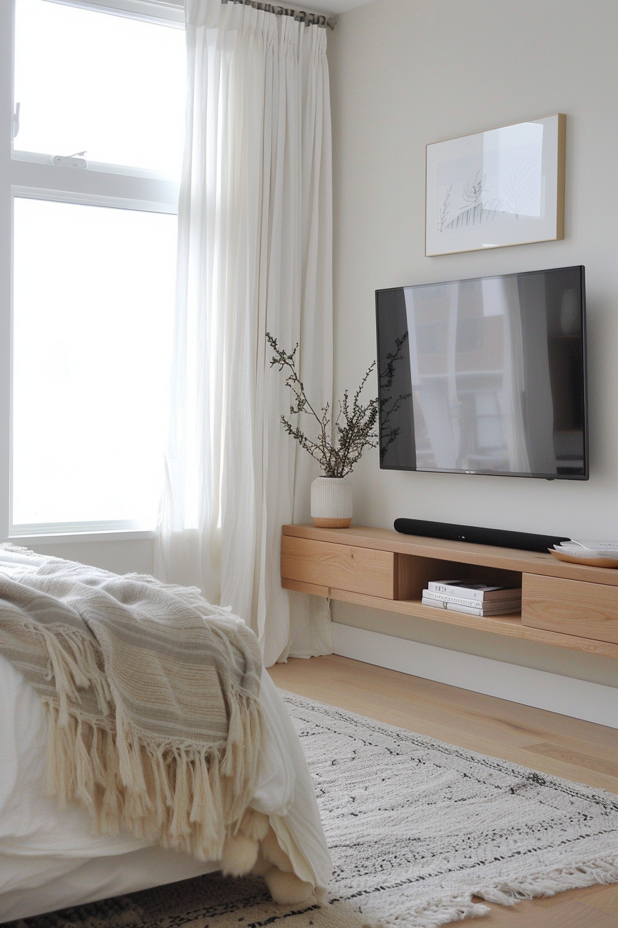Simple wall-mounted TV in small bedroom
