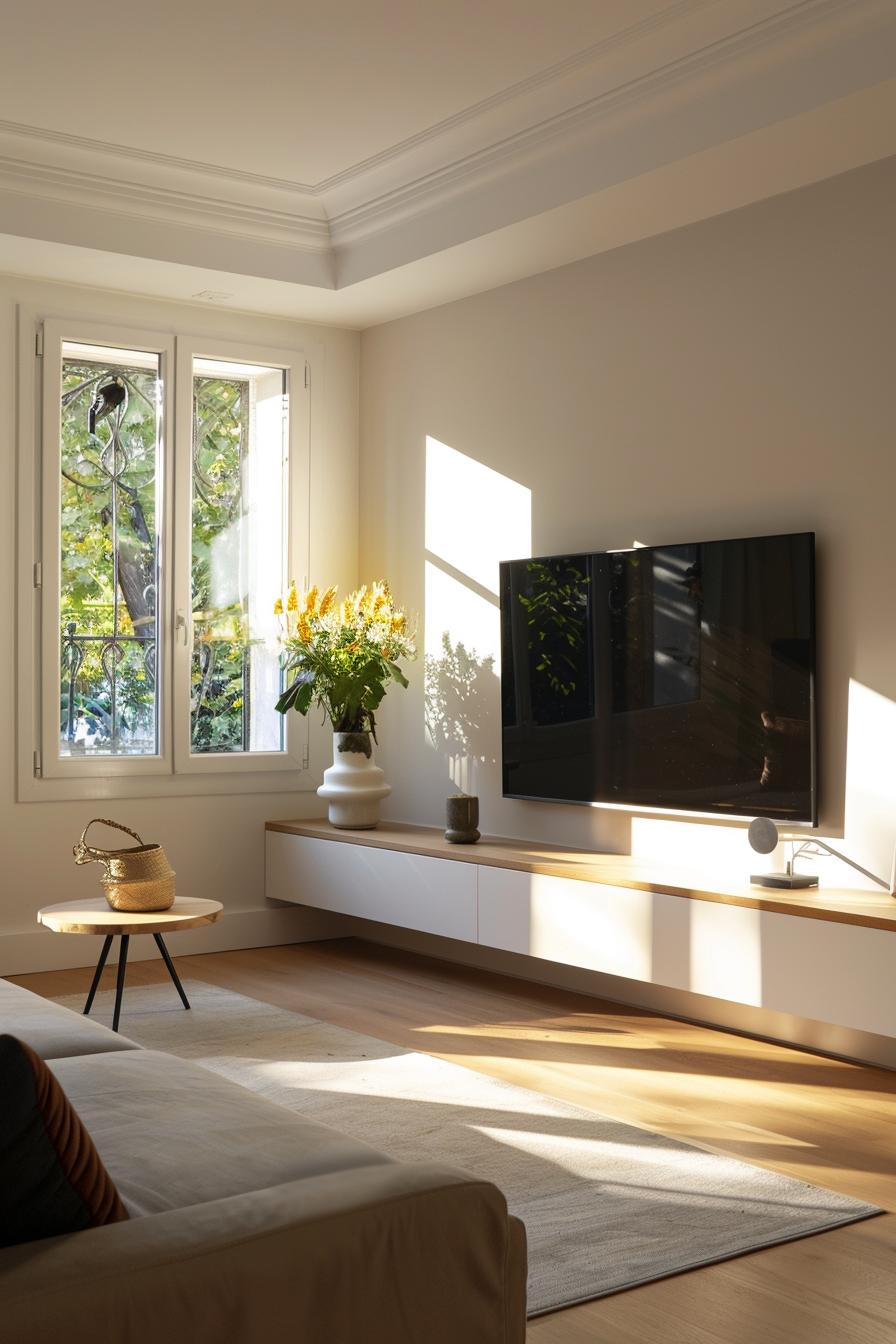 Clean floating TV stand for minimalist look