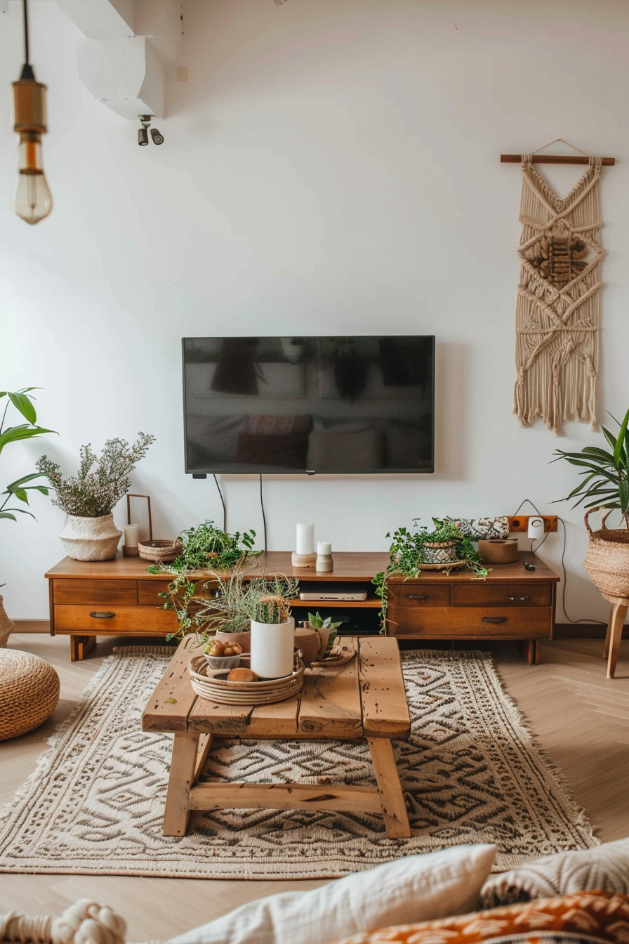 Boho-inspired TV wall with macramé decor