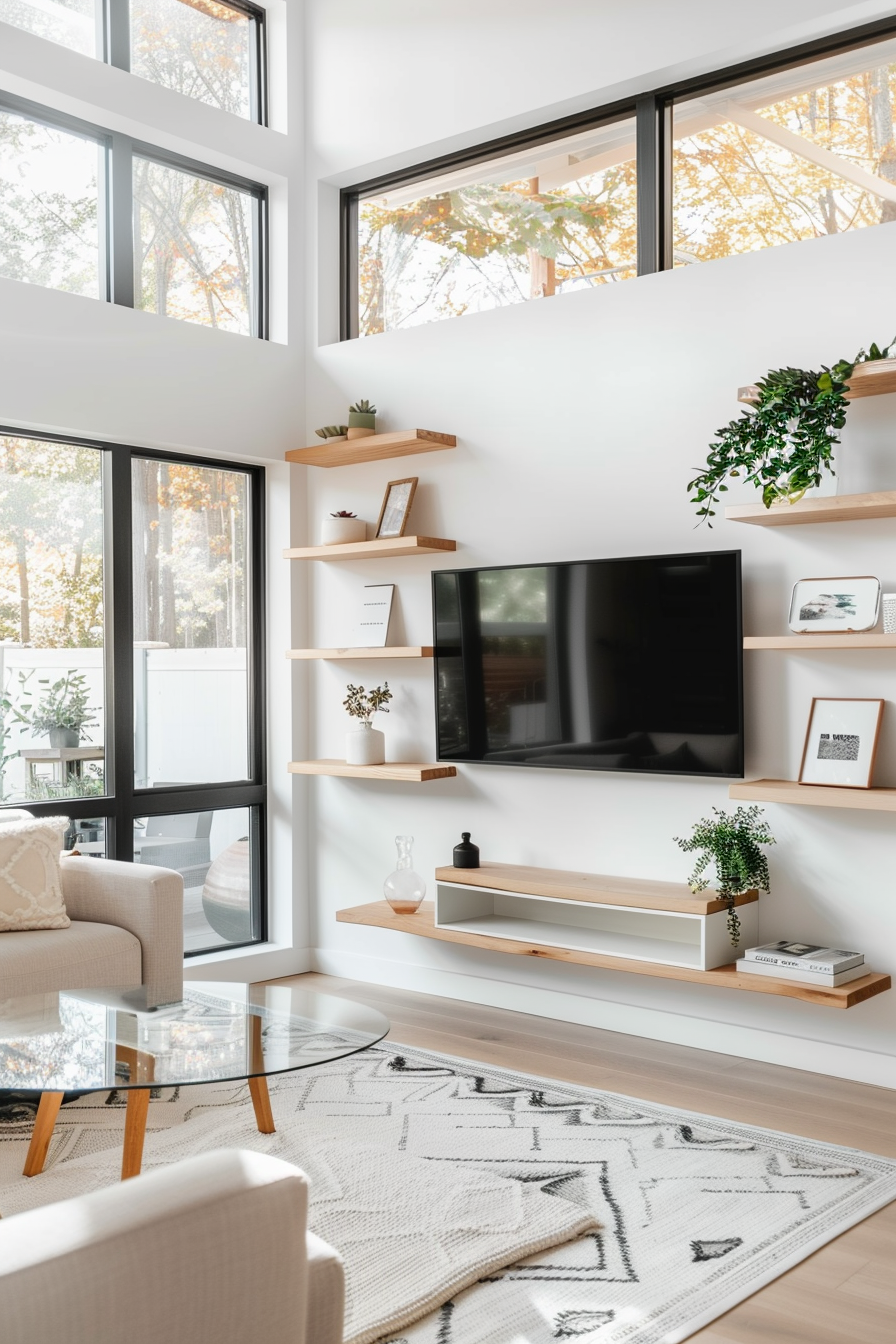 Minimalist floating shelves with TV