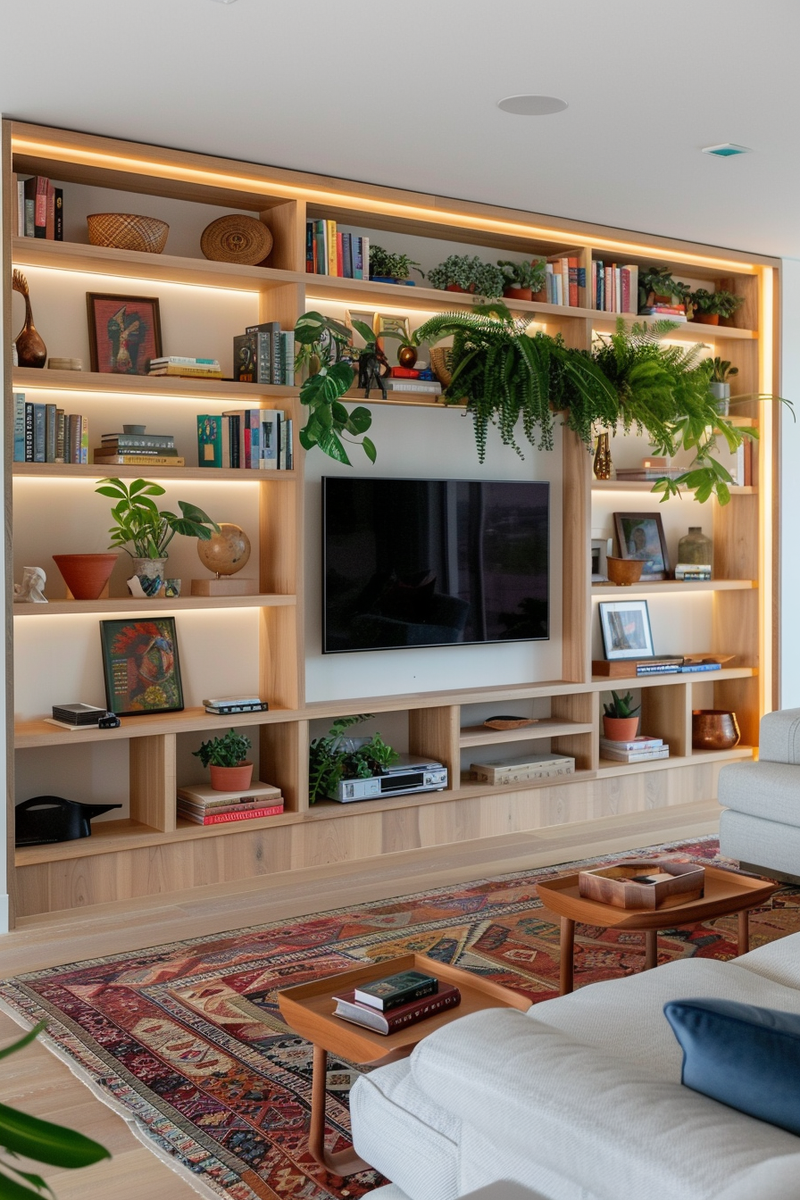 Built-in shelves with TV and accent lighting