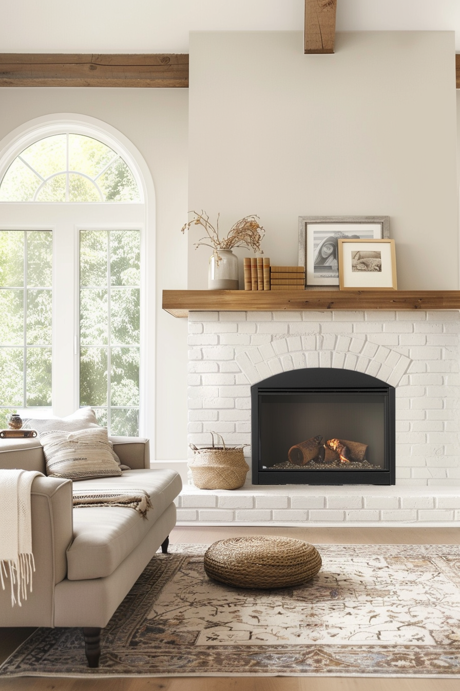 Traditional white brick fireplace with wooden mantle