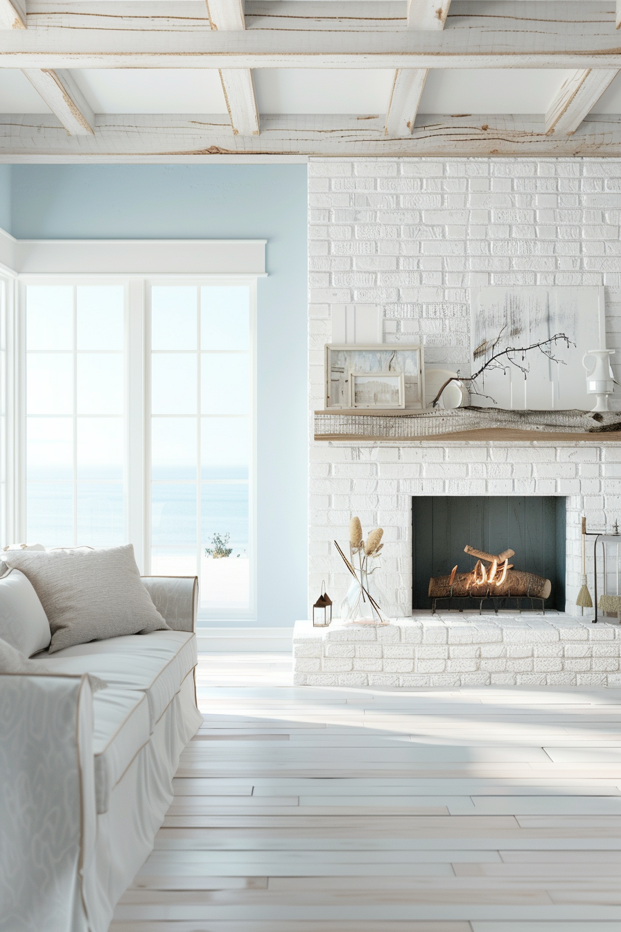 Coastal-inspired white brick fireplace