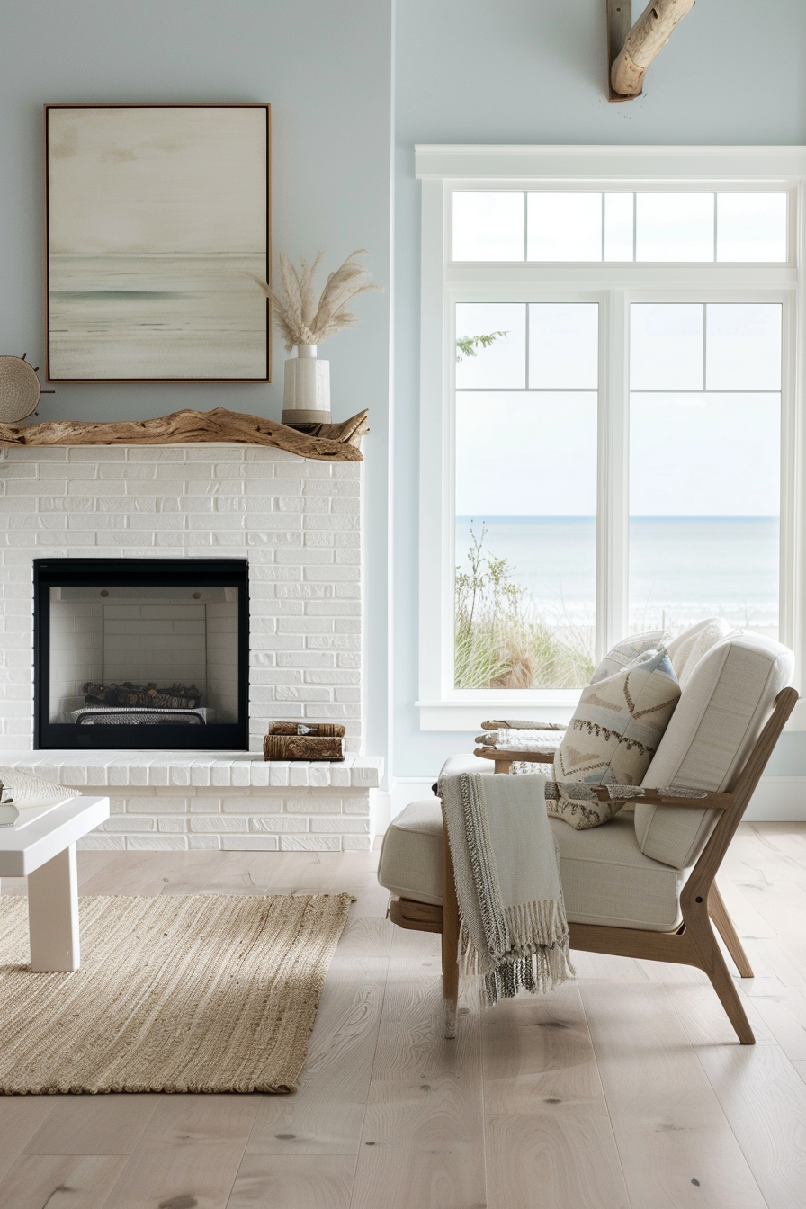 Coastal-inspired white brick fireplace