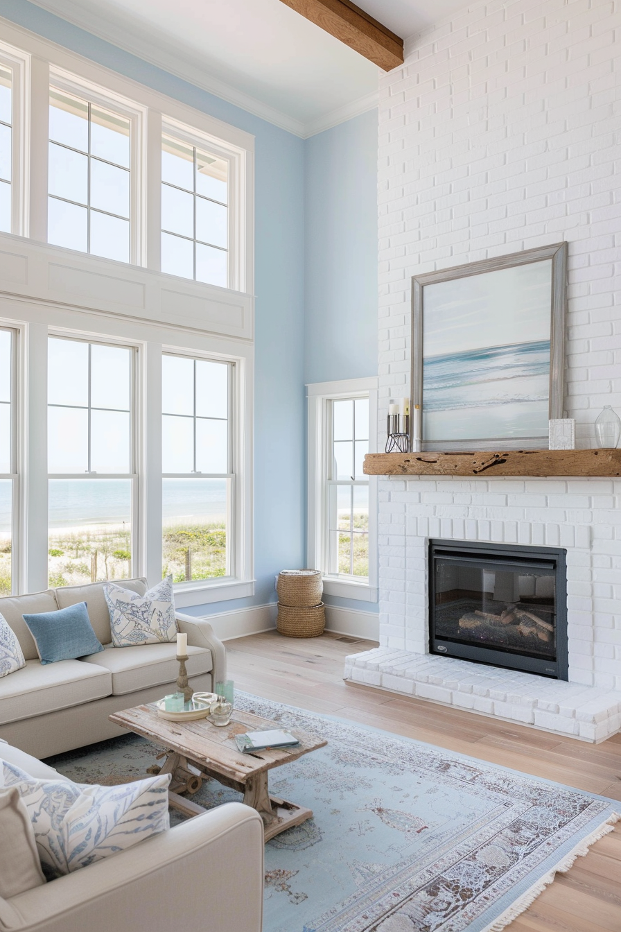 Coastal-inspired white brick fireplace