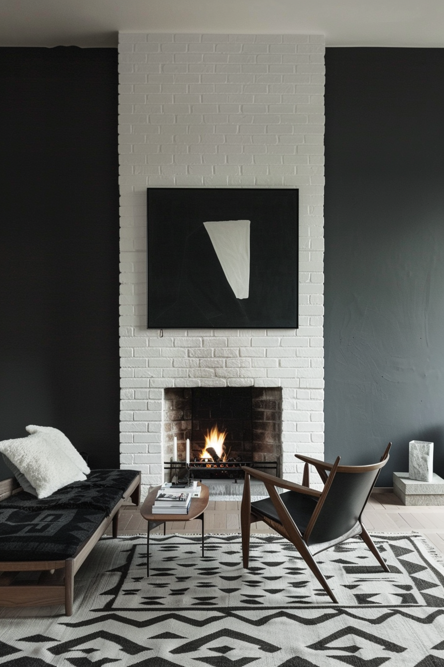 White brick fireplace with modern black accents