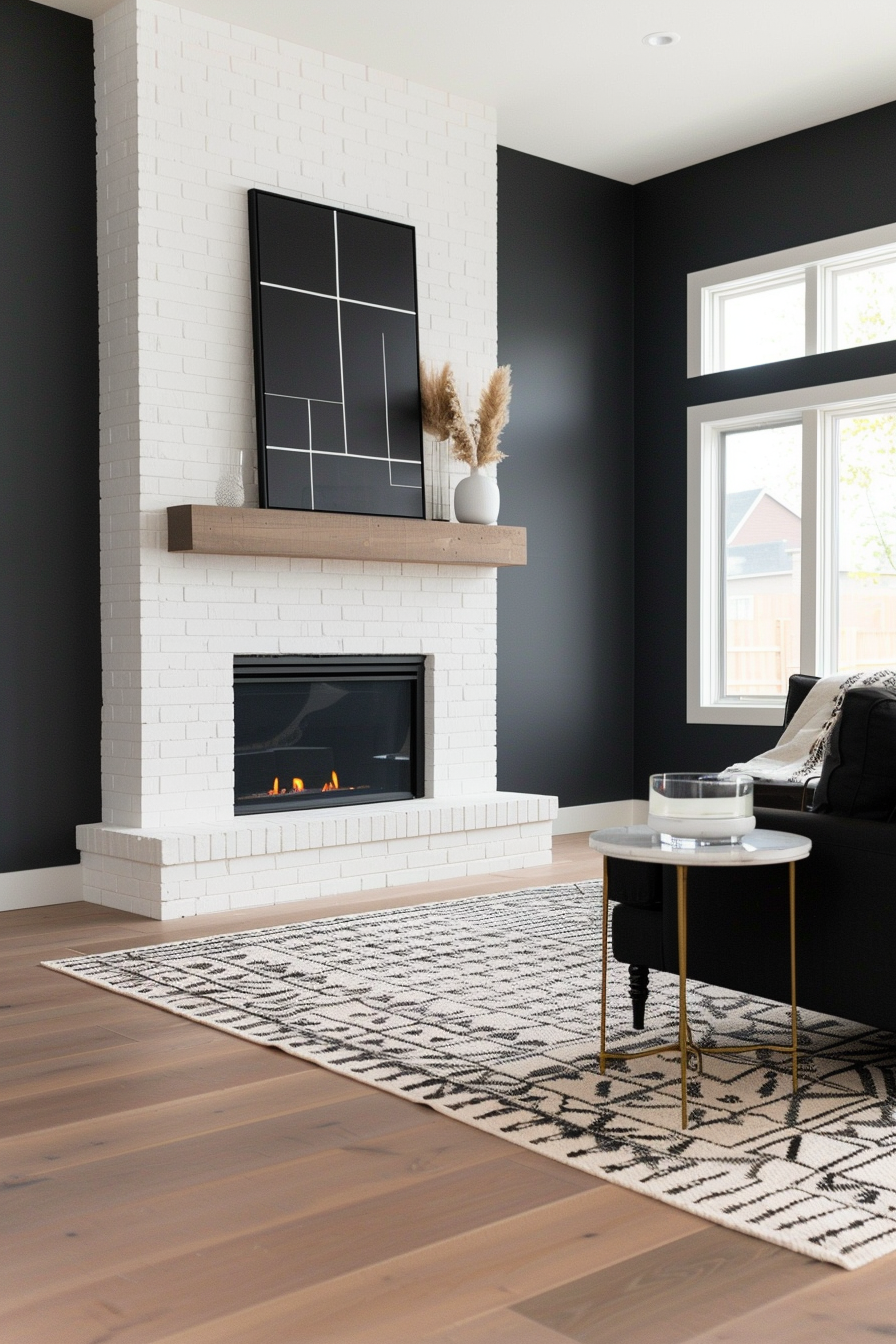White brick fireplace with modern black accents