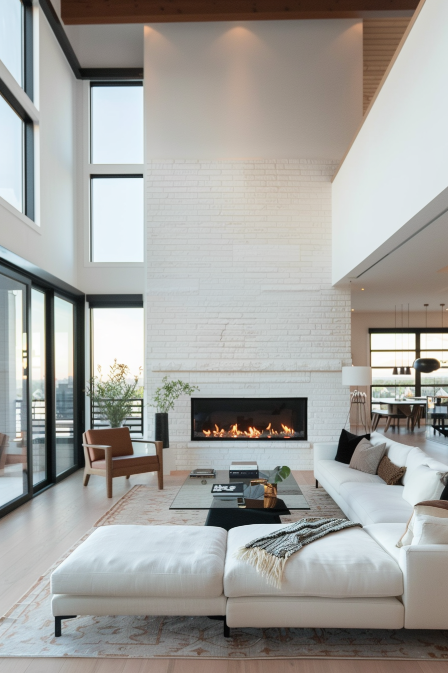 Off-the-wall white brick fireplace