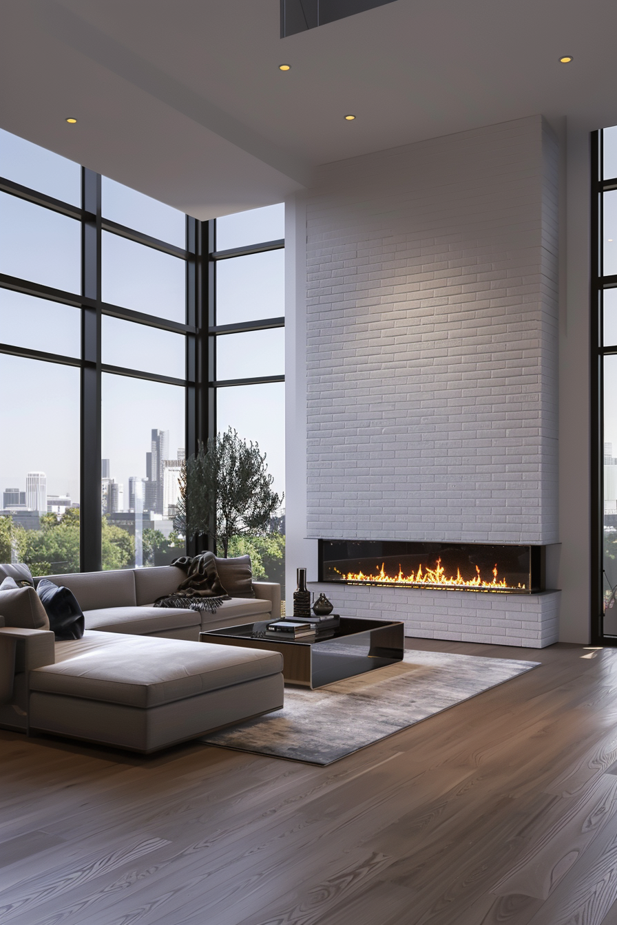 Off-the-wall white brick fireplace