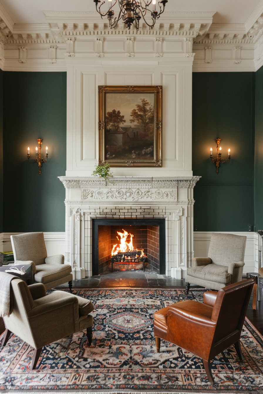 White brick fireplace with ornate mantle