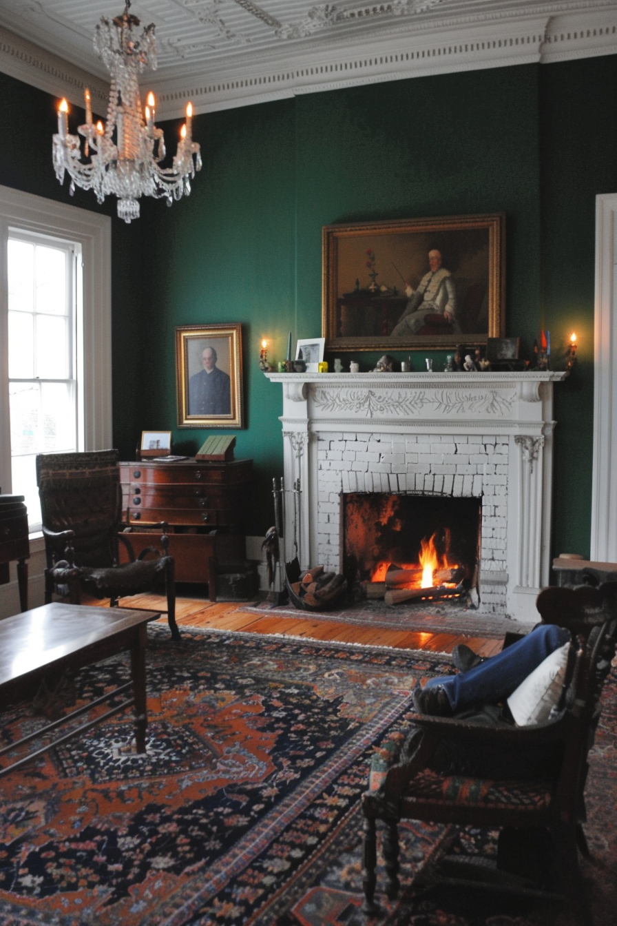 White brick fireplace with ornate mantle