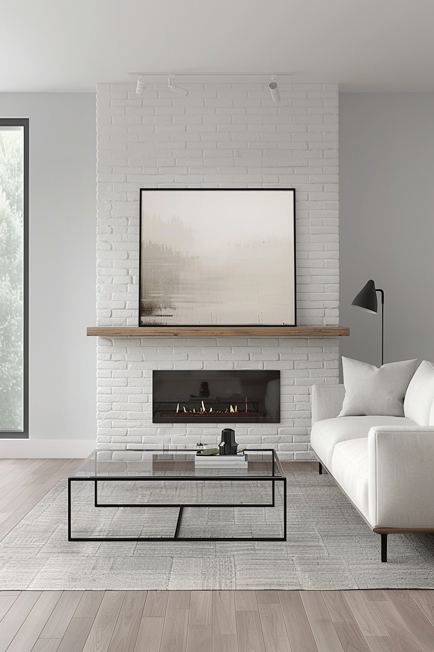 Contemporary white brick fireplace with floating mantle