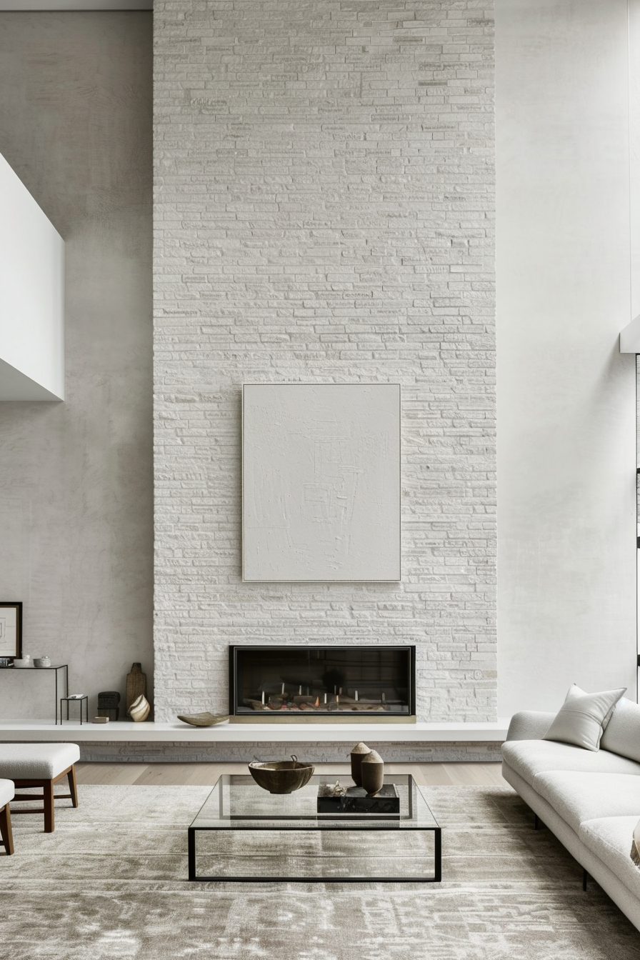 Contemporary white brick fireplace with floating mantle