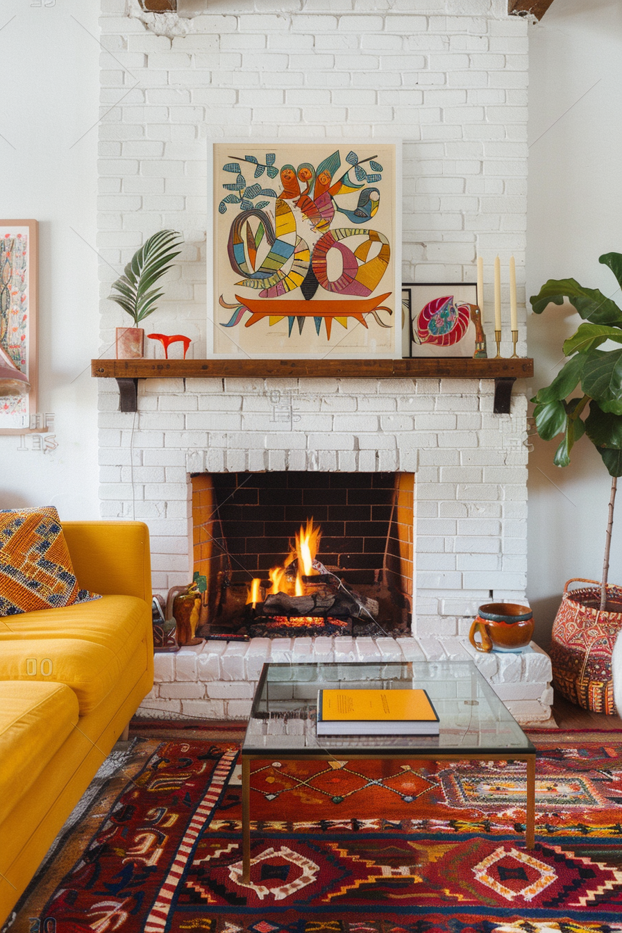 White brick fireplace with a pop of color