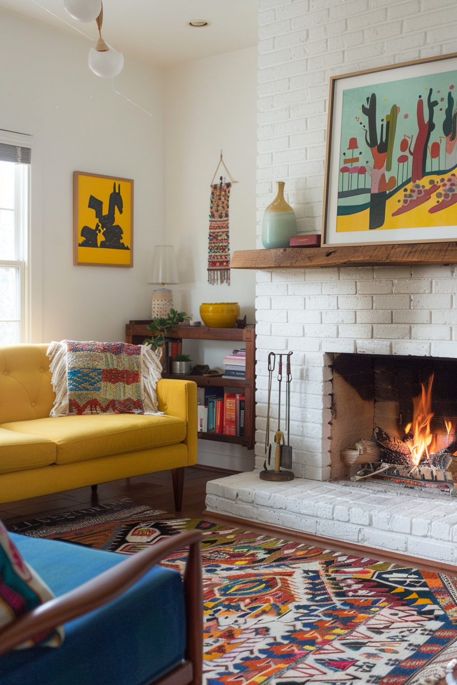 White brick fireplace with a pop of color