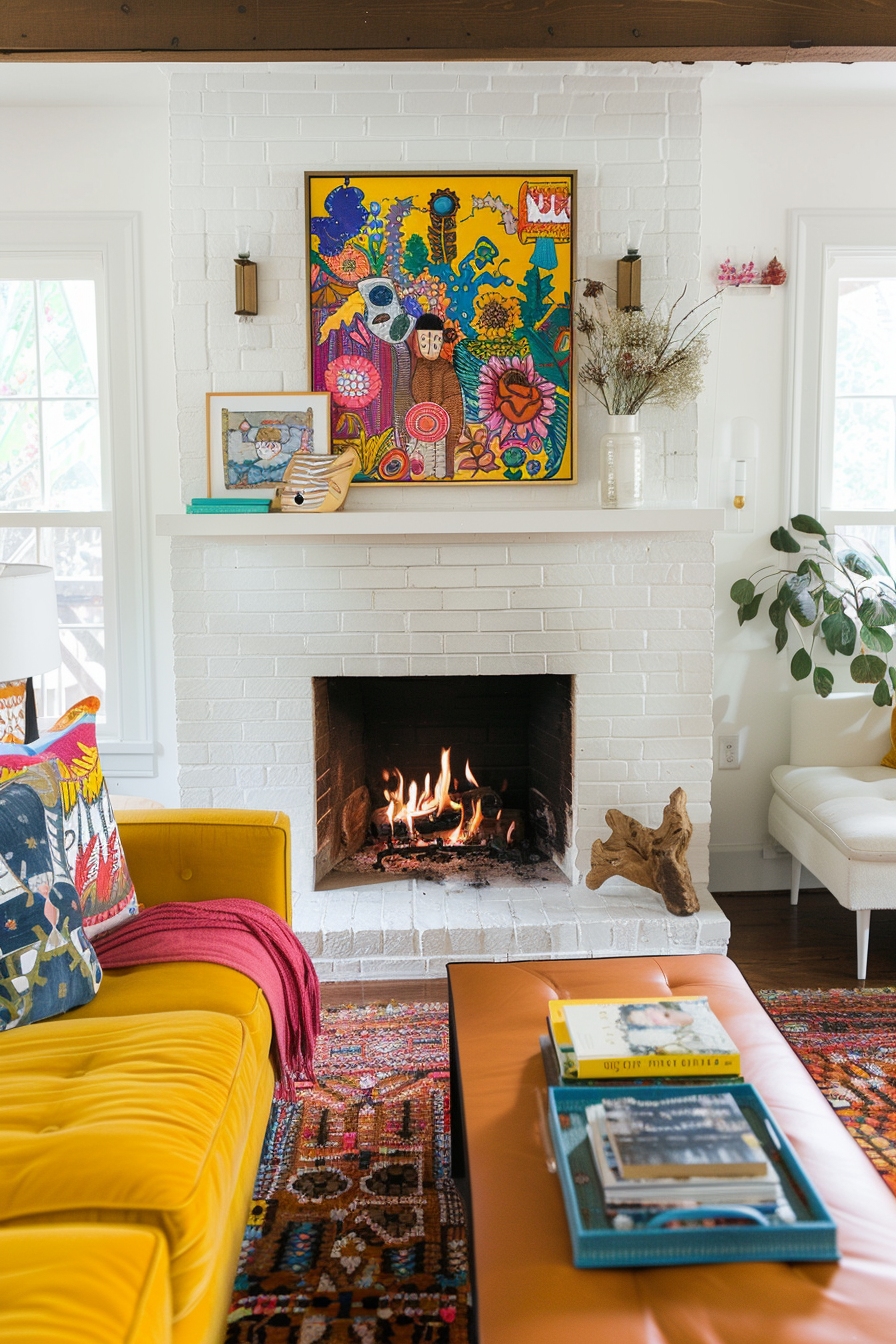 White brick fireplace with a pop of color