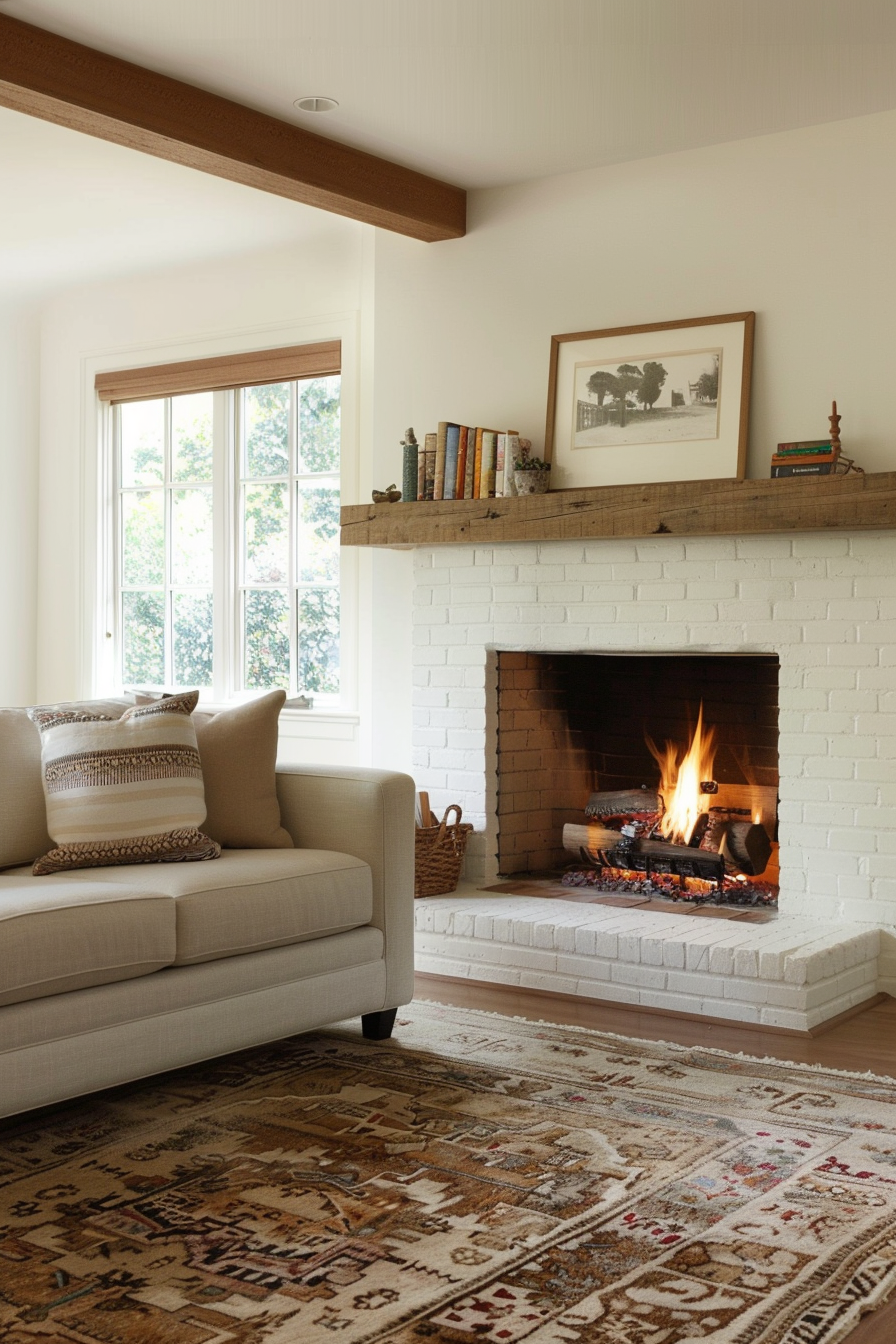 Traditional white brick fireplace with wooden mantle