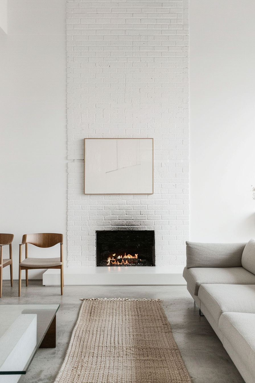 Modern minimalist white brick fireplace