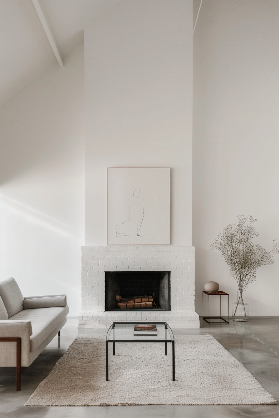 Modern minimalist white brick fireplace
