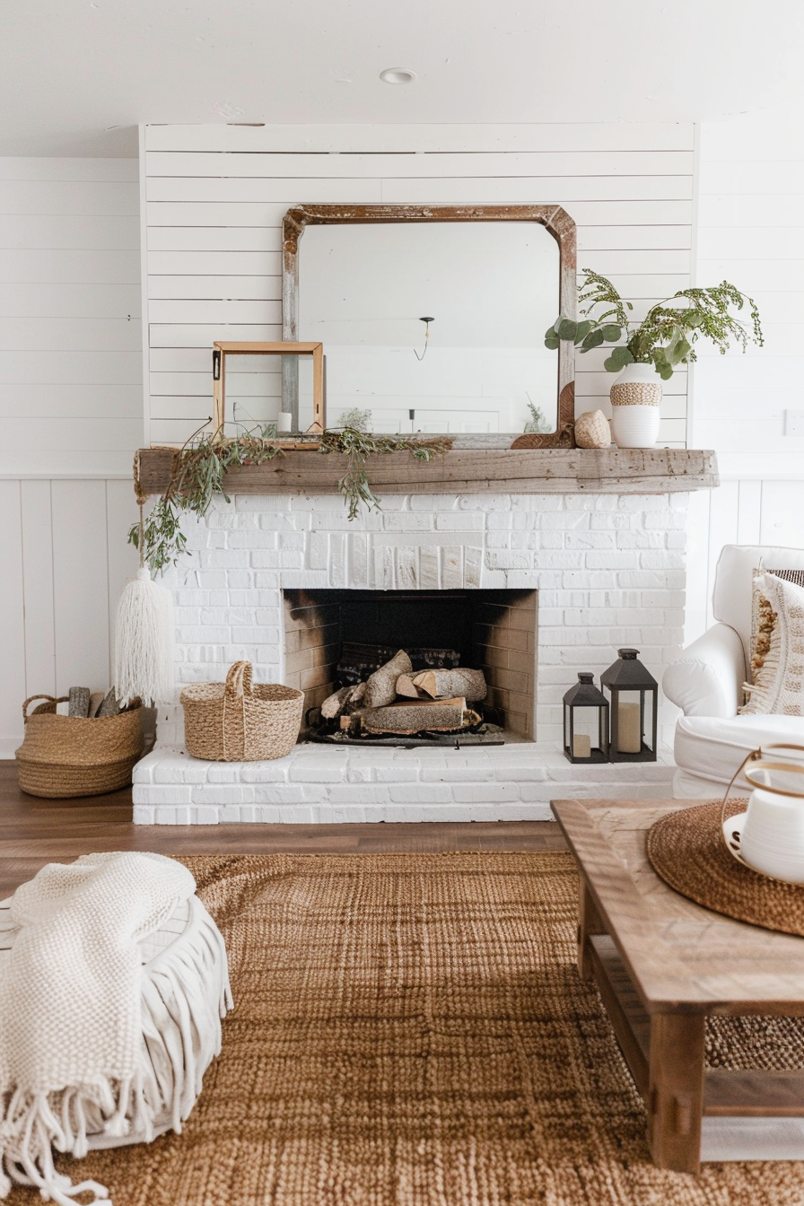 Farmhouse chic distressed white brick fireplace