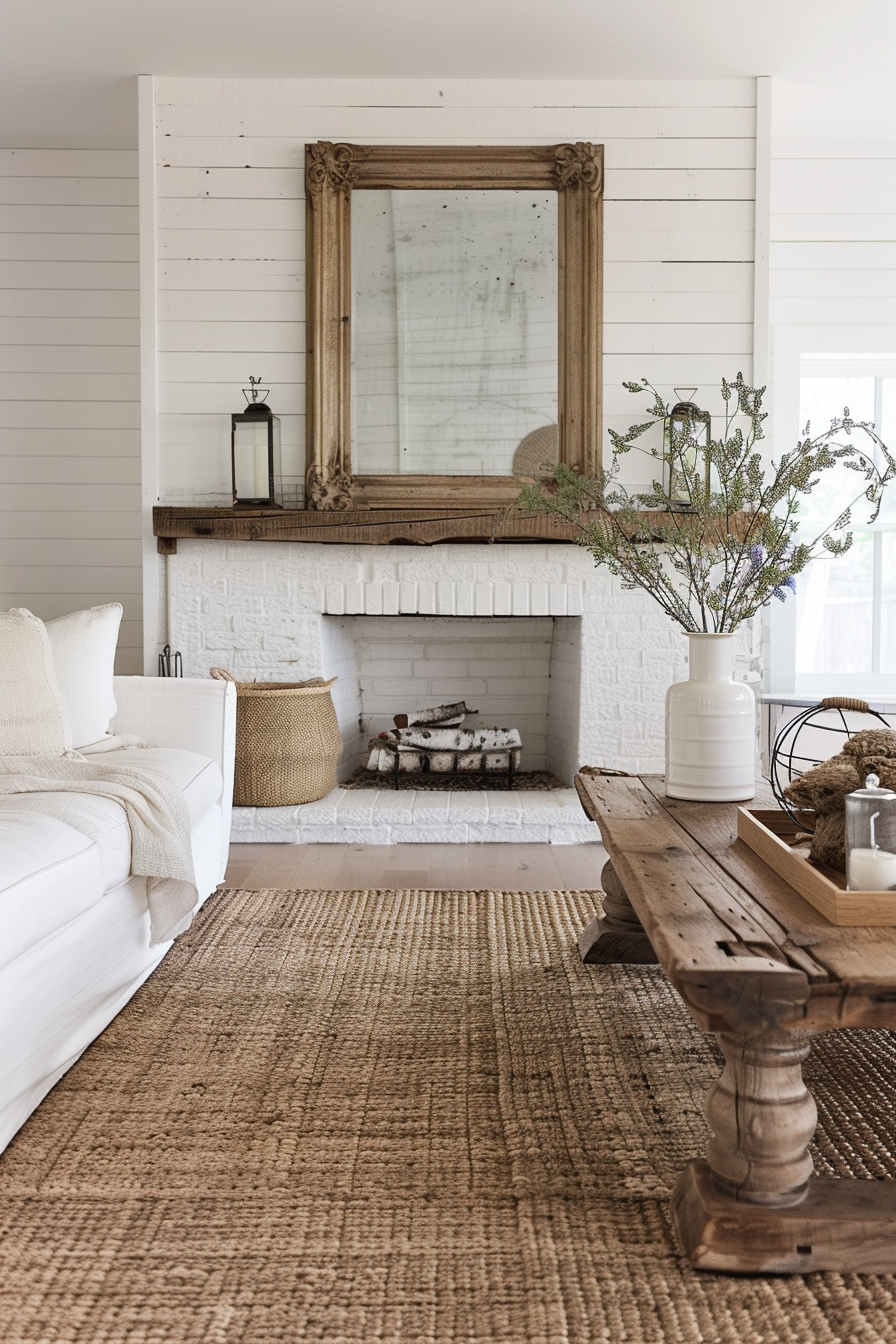 Farmhouse chic distressed white brick fireplace