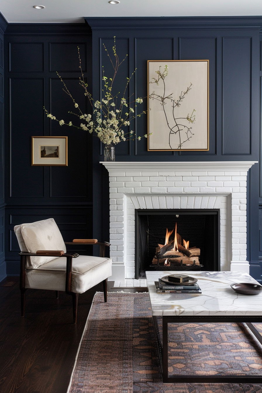 Elegant white brick fireplace with black mantle