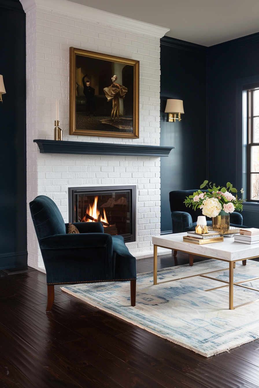 Elegant white brick fireplace with black mantle