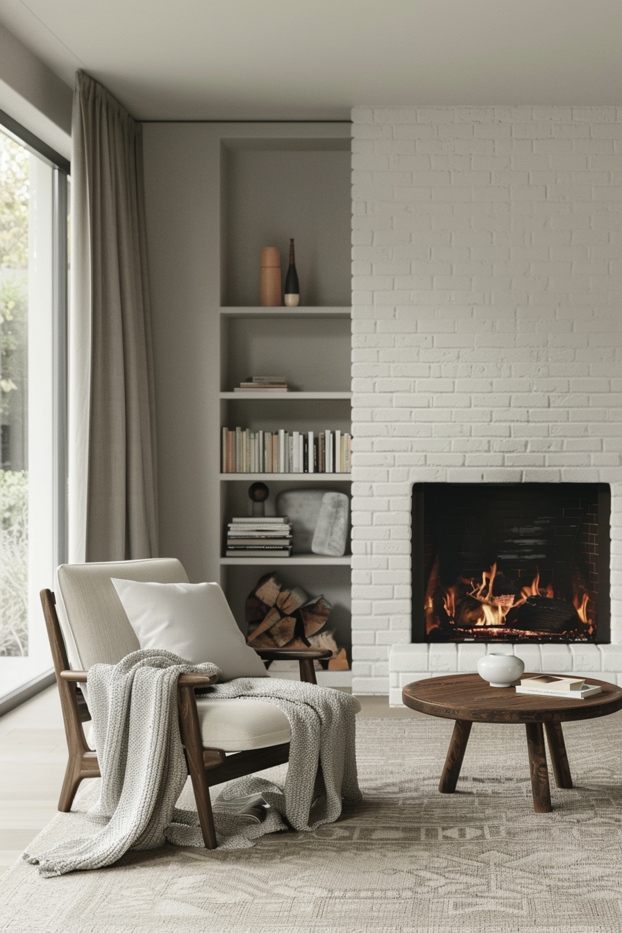 Cozy corner white brick fireplace