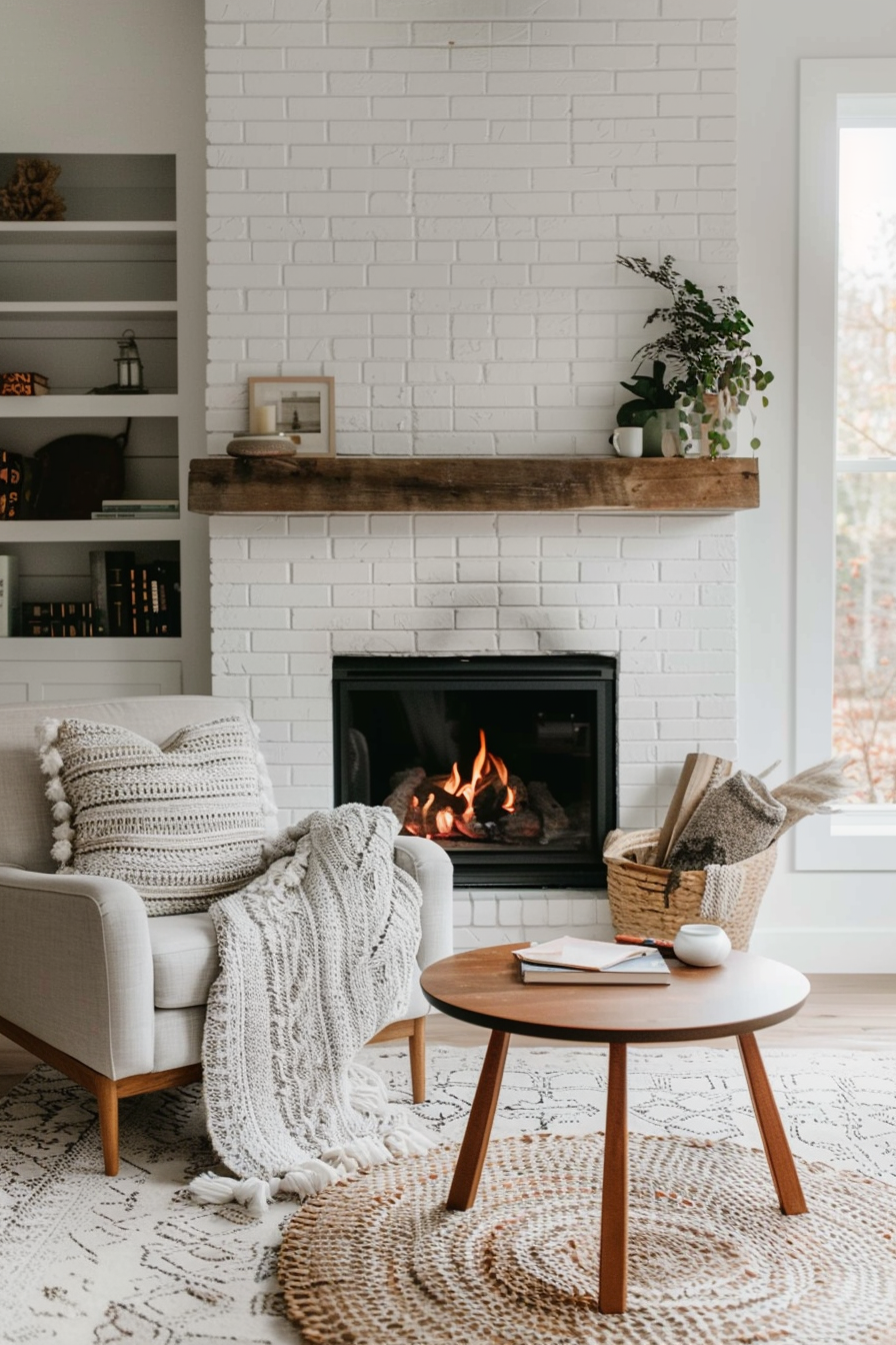 Cozy corner white brick fireplace