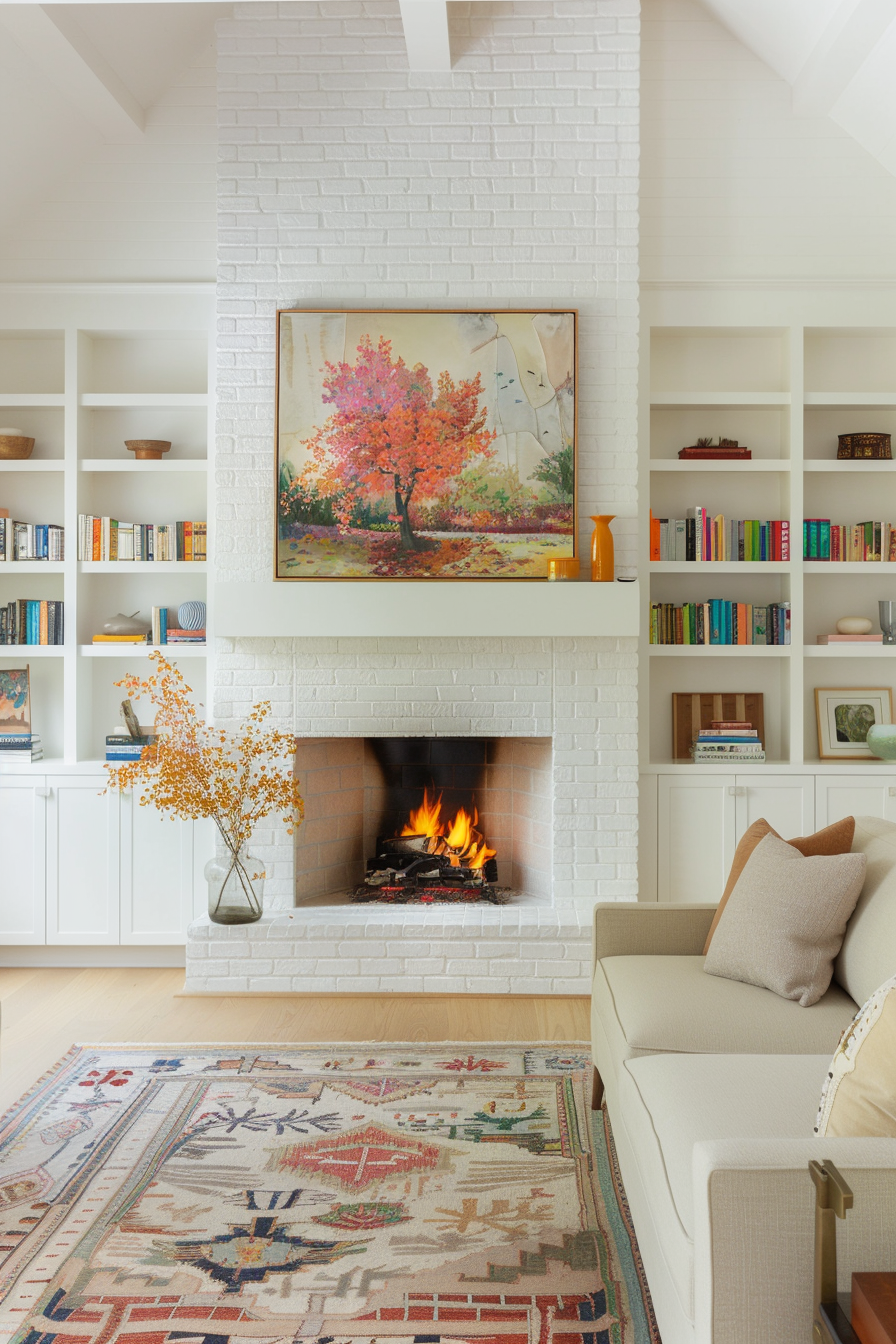 White brick fireplace with built-in shelving
