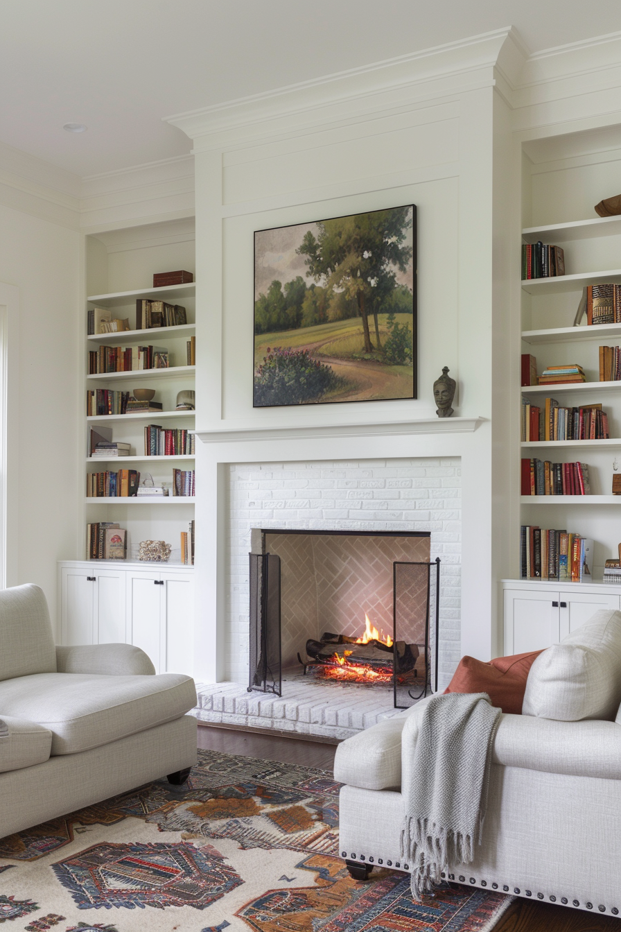 White brick fireplace with built-in shelving