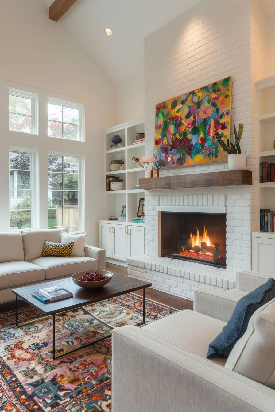 White brick fireplace with built-in shelving