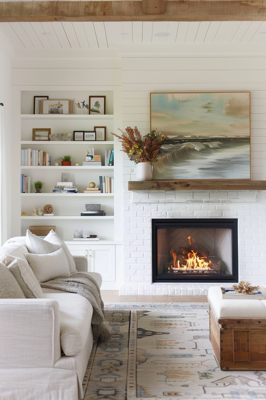White brick fireplace with built-in shelving