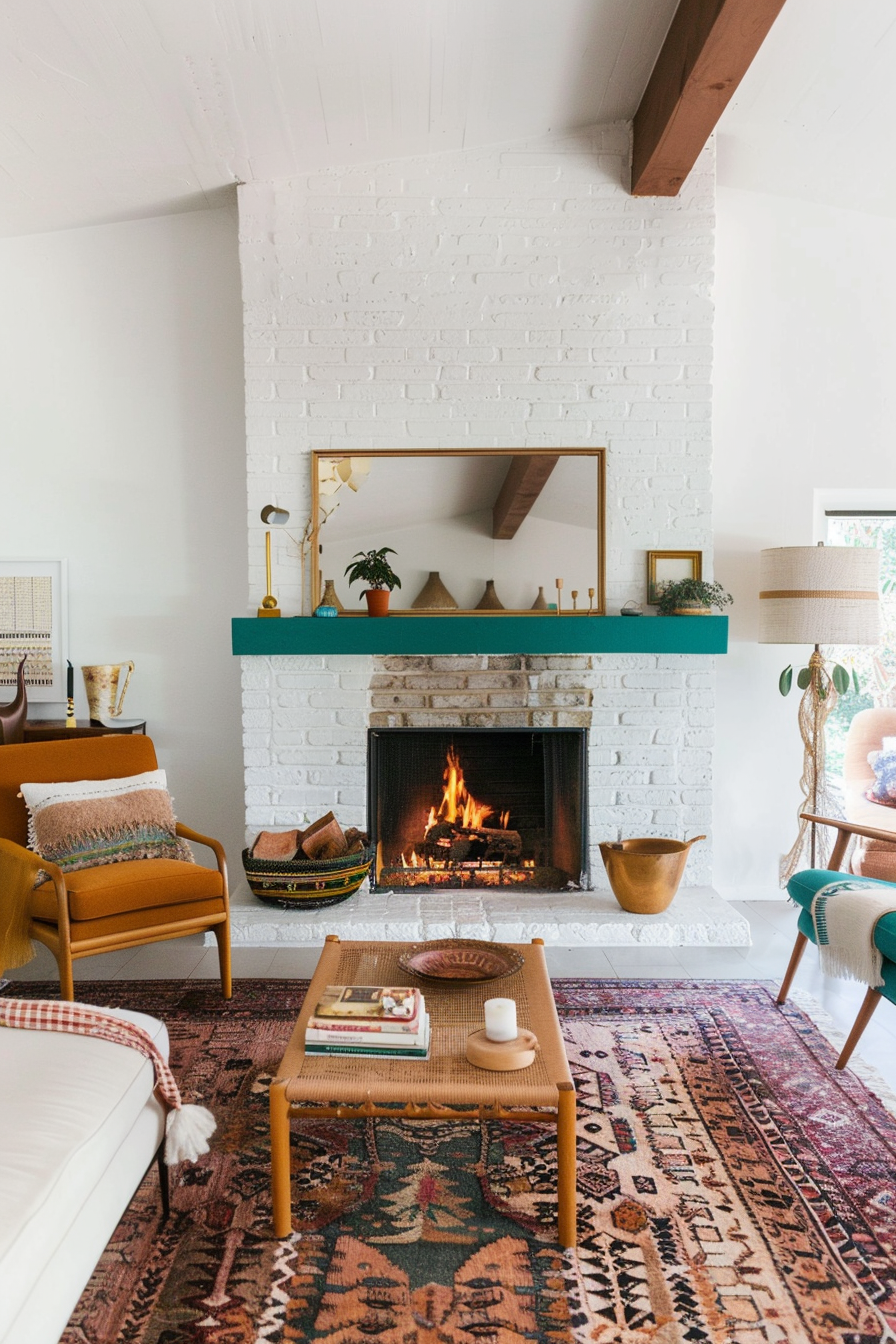 White brick fireplace with painted mantle