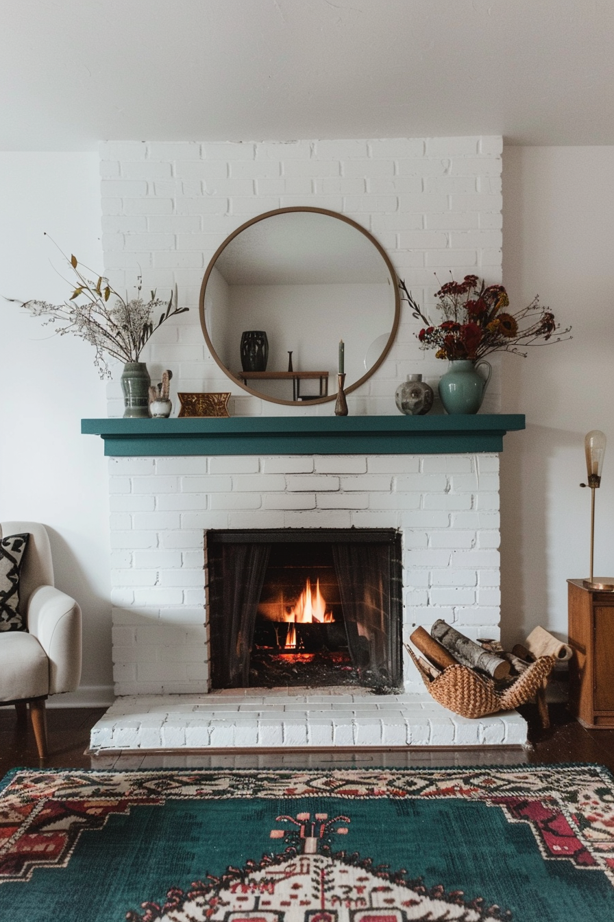 White brick fireplace with painted mantle