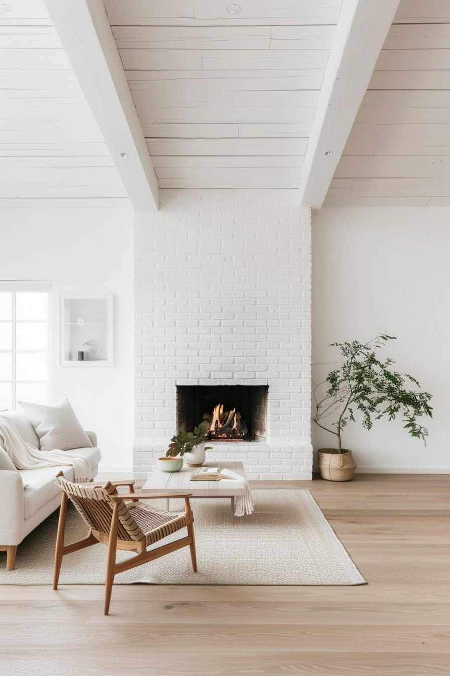 Scandinavian style white brick fireplace