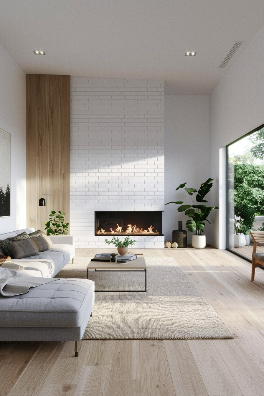 Scandinavian style white brick fireplace