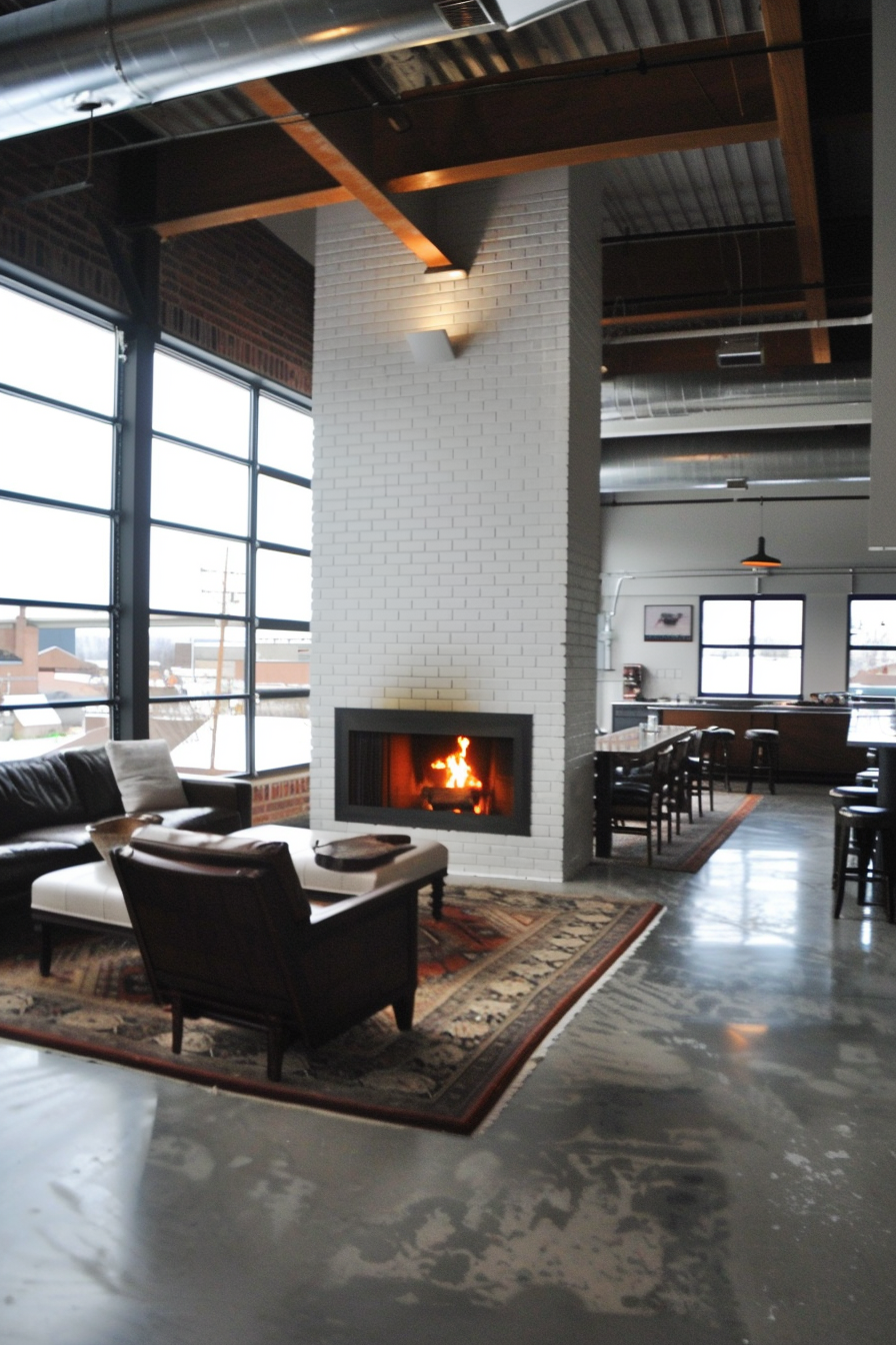 Industrial loft with white brick fireplace