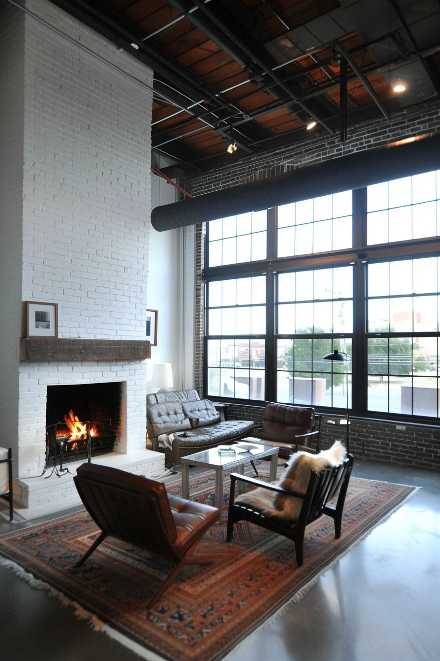 Industrial loft with white brick fireplace